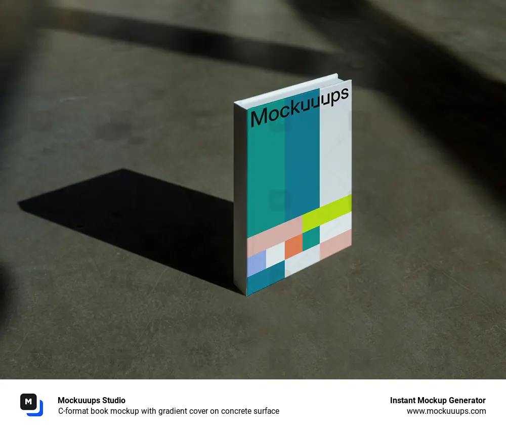 C-format book mockup with gradient cover on concrete surface