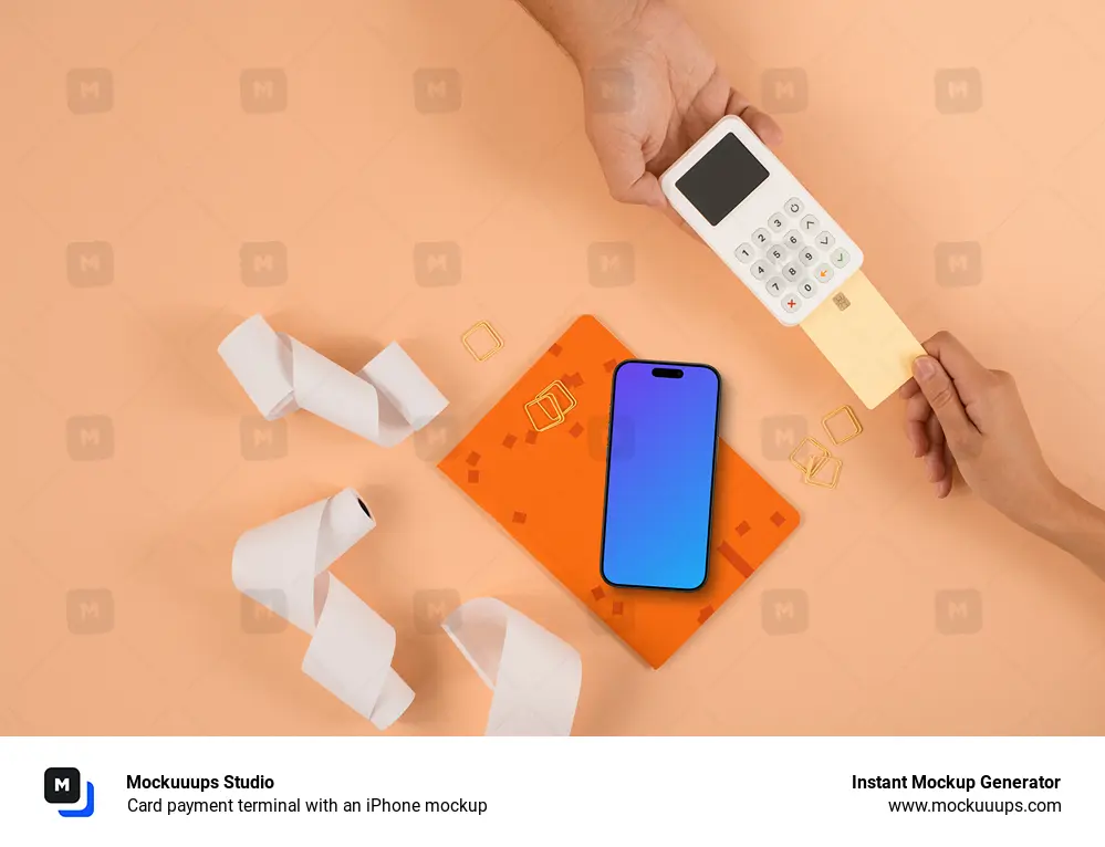 Card payment terminal with an iPhone mockup