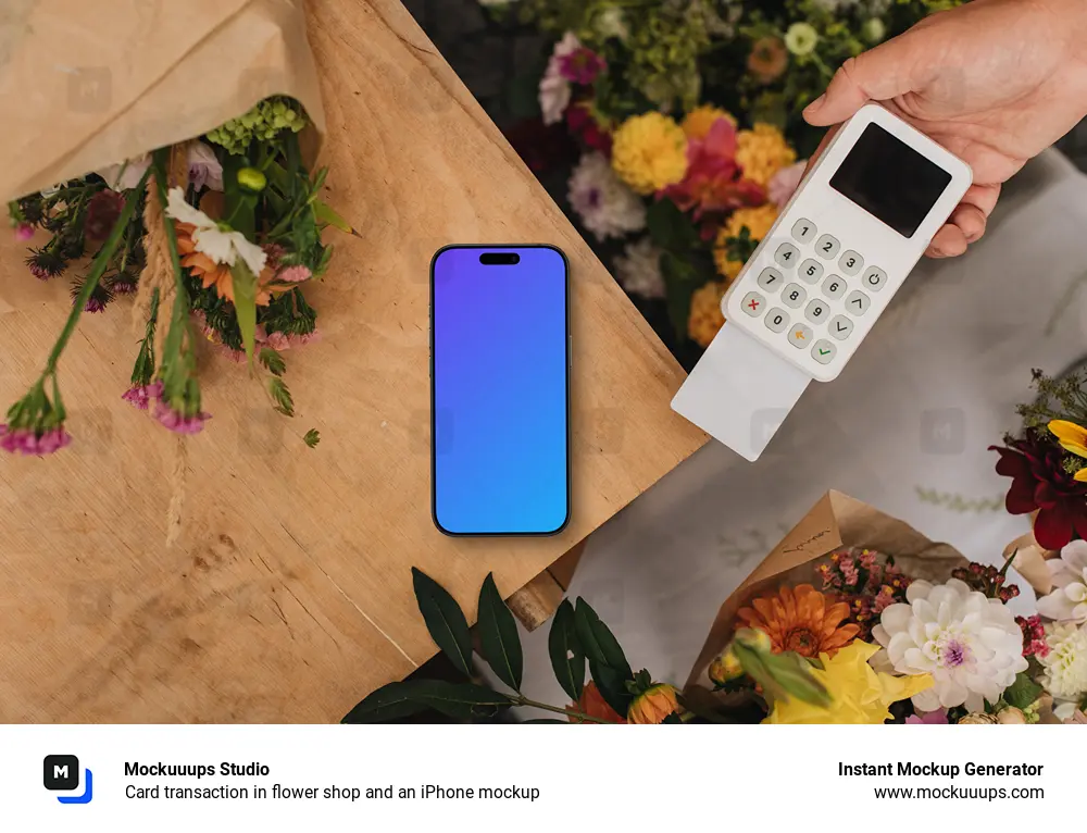 Card transaction in flower shop and an iPhone mockup