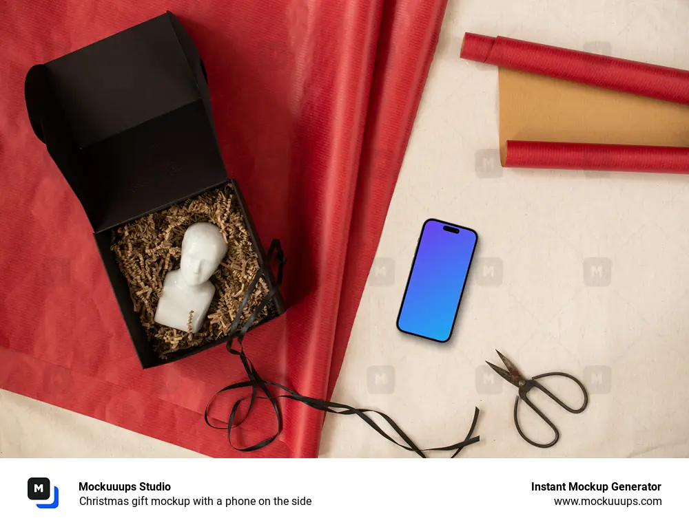 Christmas gift mockup with a phone on the side