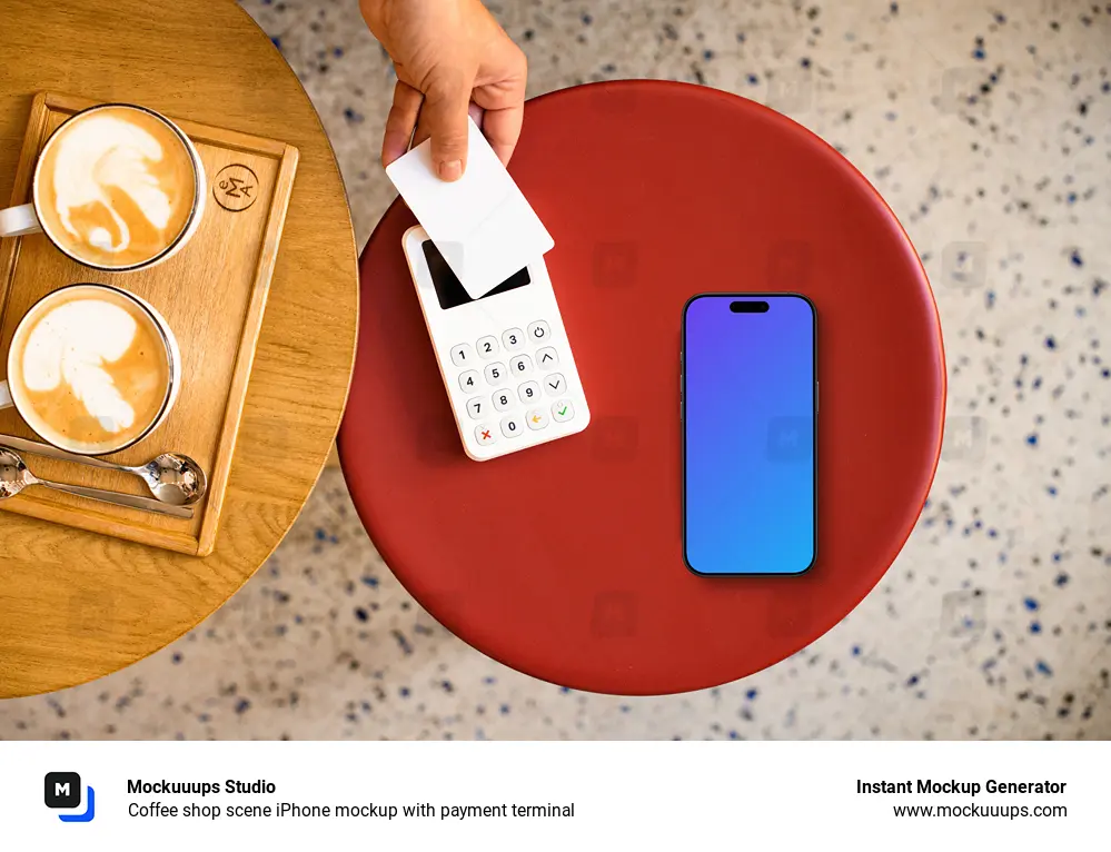 Coffee shop scene iPhone mockup with payment terminal