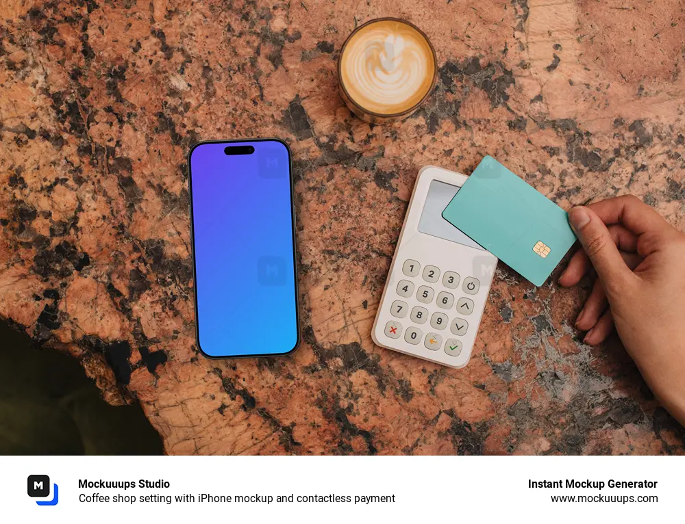 Coffee shop setting with iPhone mockup and contactless payment