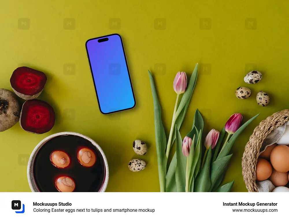Coloring Easter eggs next to tulips and smartphone mockup