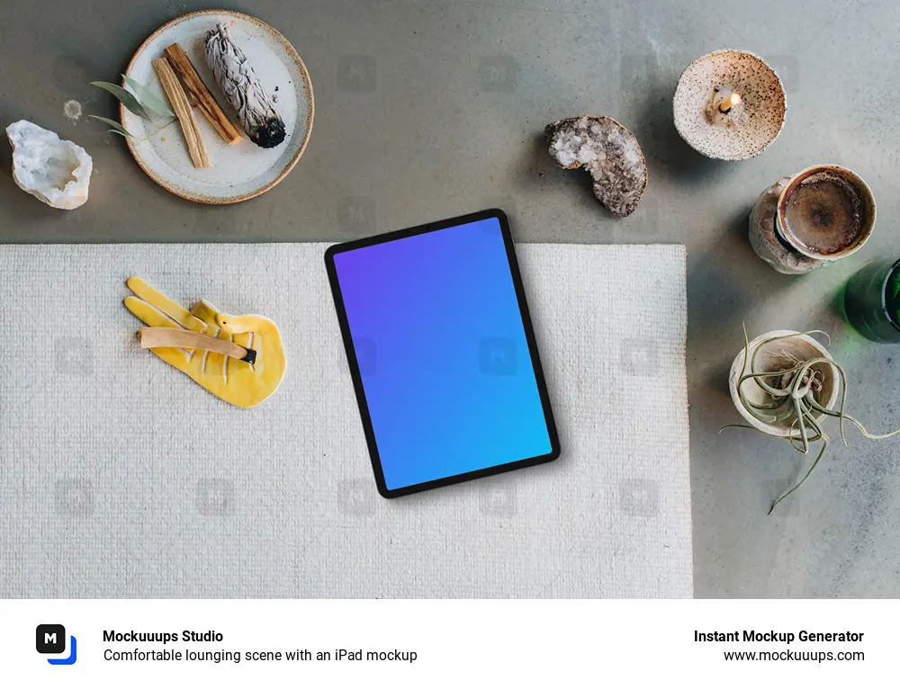 Comfortable lounging scene with an iPad mockup