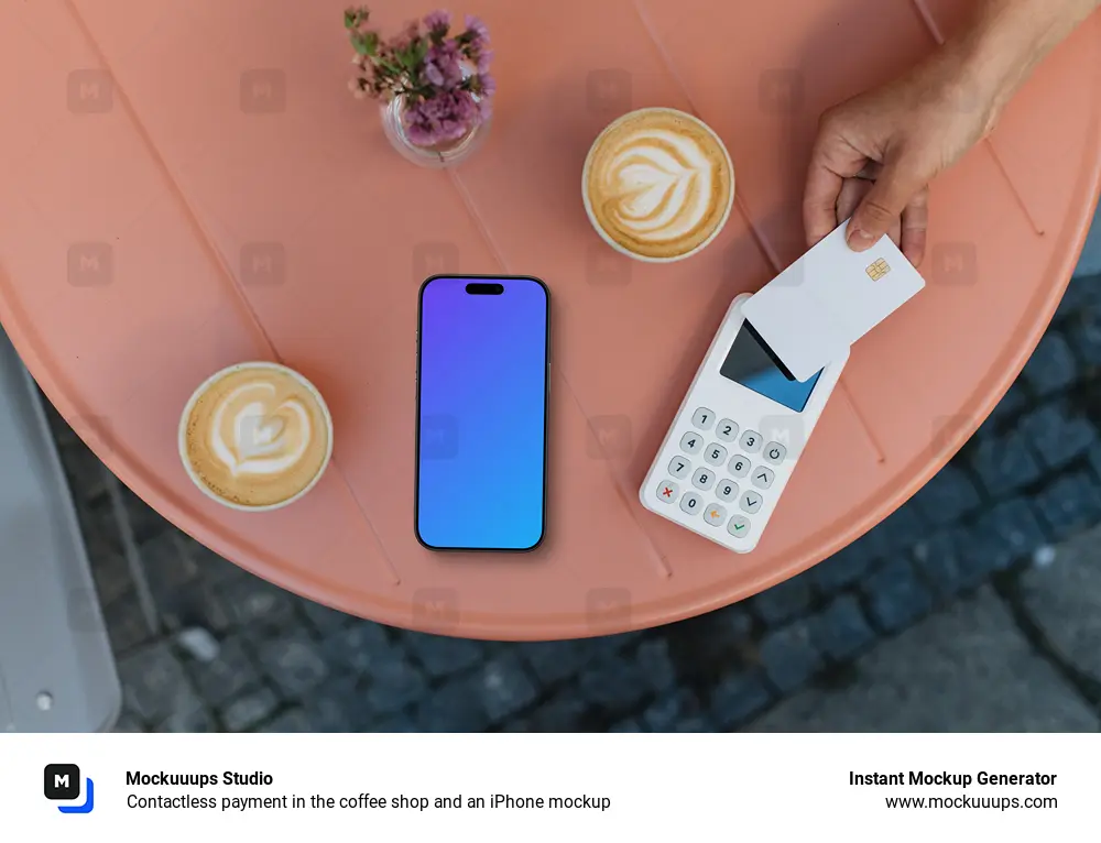 Contactless payment in the coffee shop and an iPhone mockup