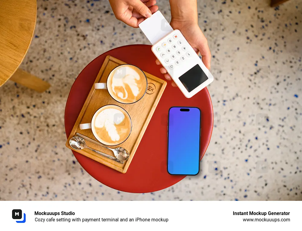 Cozy cafe setting with payment terminal and an iPhone mockup