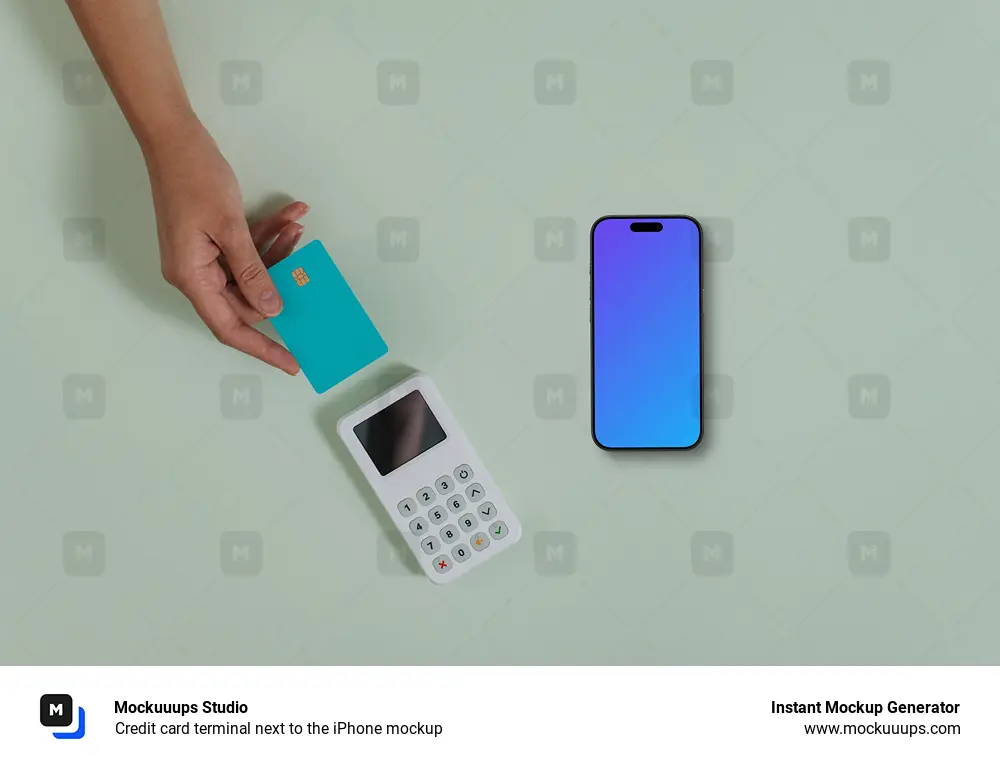 Credit card terminal next to the iPhone mockup