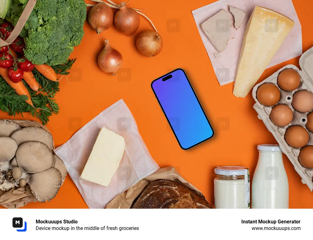 Device mockup in the middle of fresh groceries