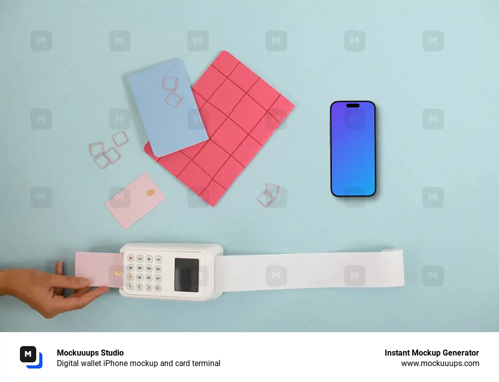 Digital wallet iPhone mockup and card terminal