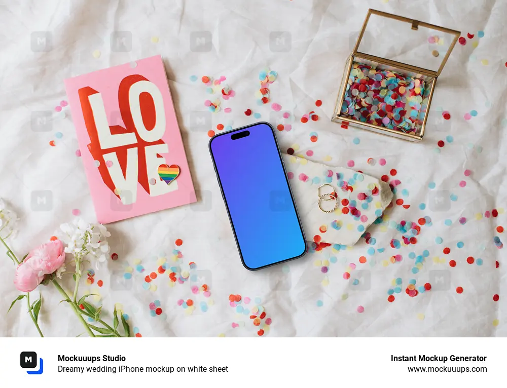 Dreamy wedding iPhone mockup on white sheet