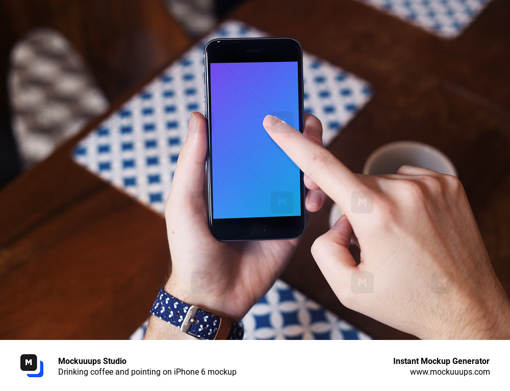 Drinking coffee and pointing on iPhone 6 mockup