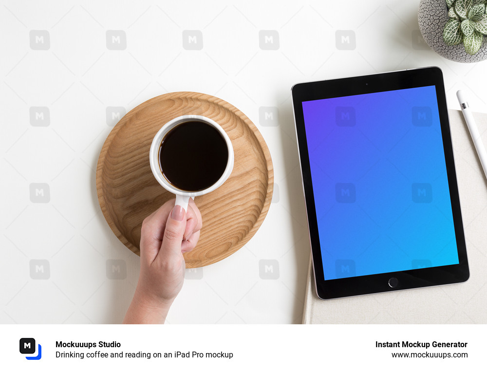 Drinking coffee and reading on an iPad Pro mockup