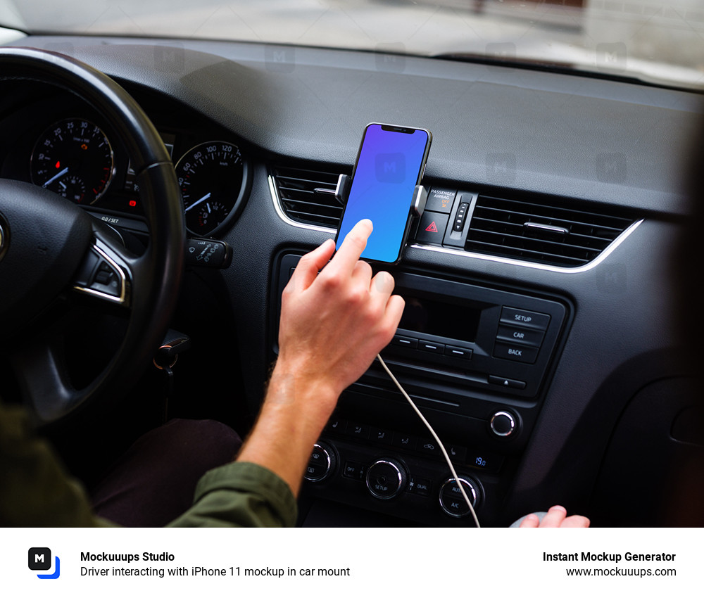 Driver interacting with iPhone 11 mockup in car mount