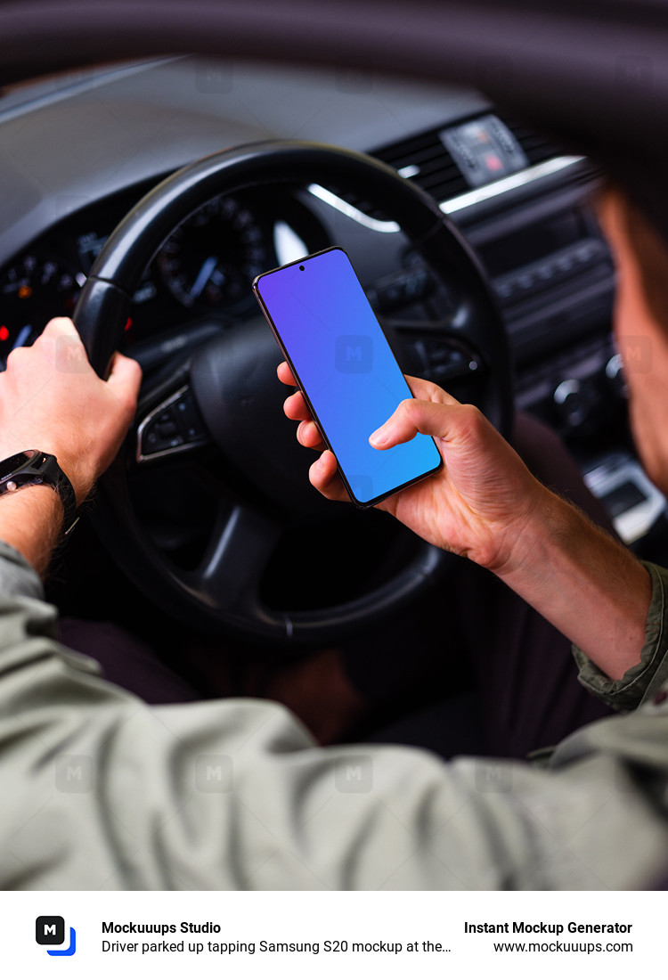 Driver parked up tapping Samsung S20 mockup at the wheel