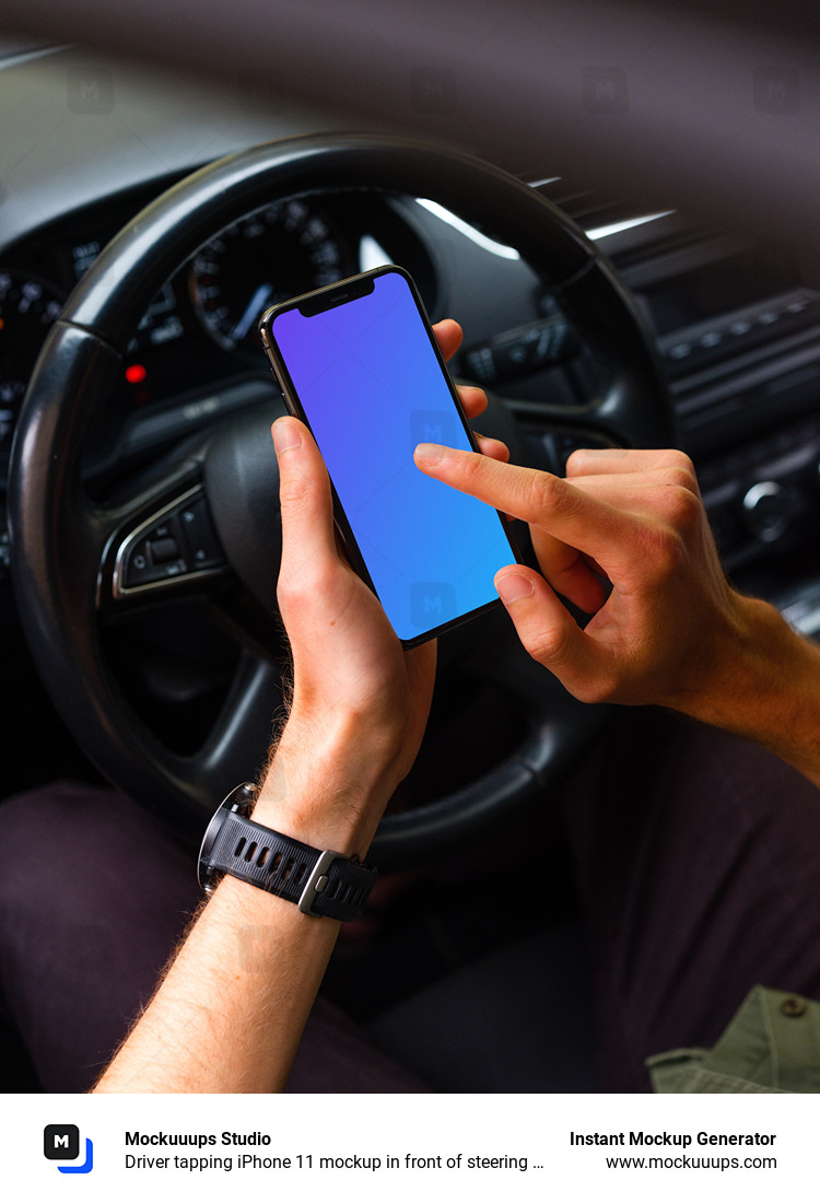 Driver tapping iPhone 11 mockup in front of steering wheel