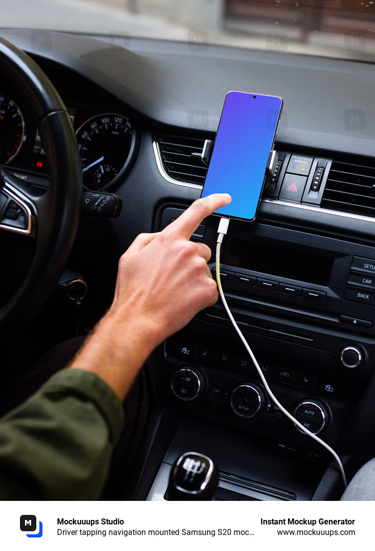 Driver tapping navigation mounted Samsung S20 mockup