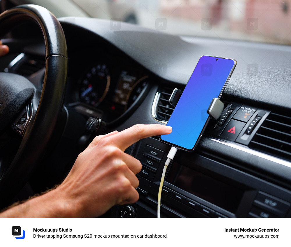 Driver tapping Samsung S20 mockup mounted on car dashboard