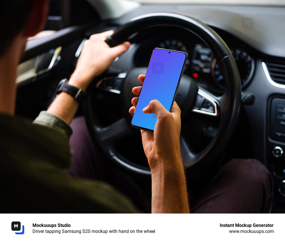 Driver tapping Samsung S20 mockup with hand on the wheel