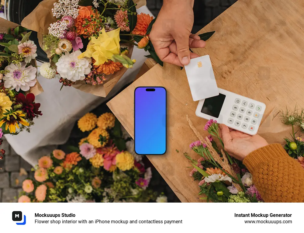 Flower shop interior with an iPhone mockup and contactless payment