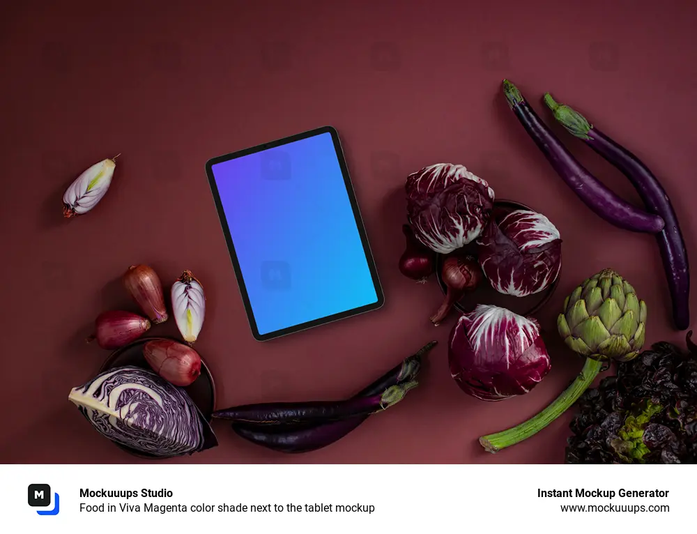 Food in Viva Magenta color shade next to the tablet mockup
