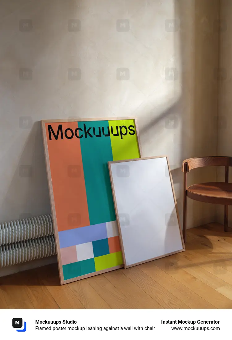 Framed poster mockup leaning against a wall with chair