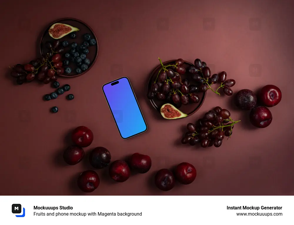 Fruits and phone mockup with Magenta background