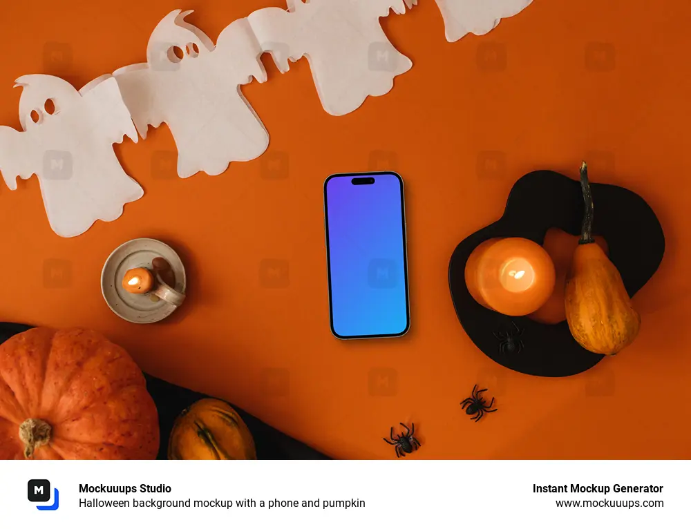 Halloween background mockup with a phone and pumpkin