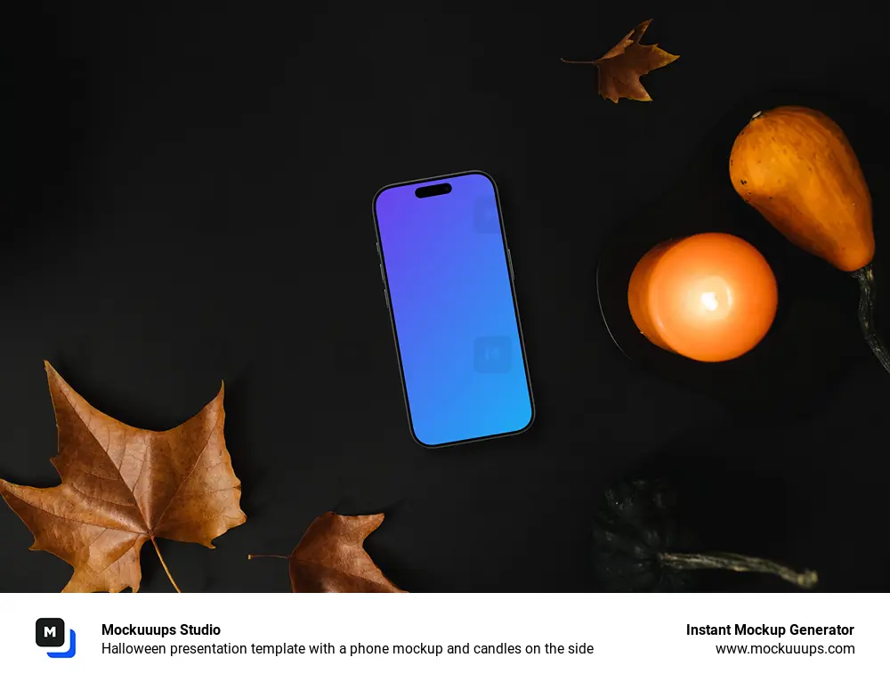 Halloween presentation template with a phone mockup and candles on the side