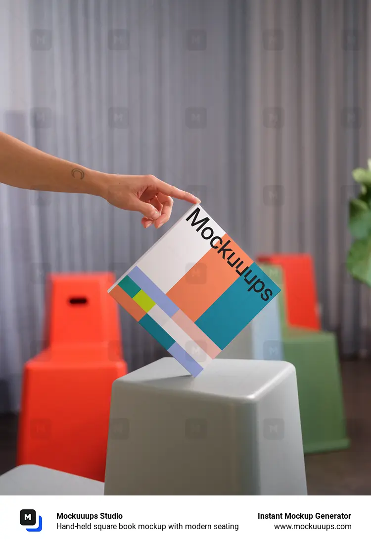 Hand-held square book mockup with modern seating