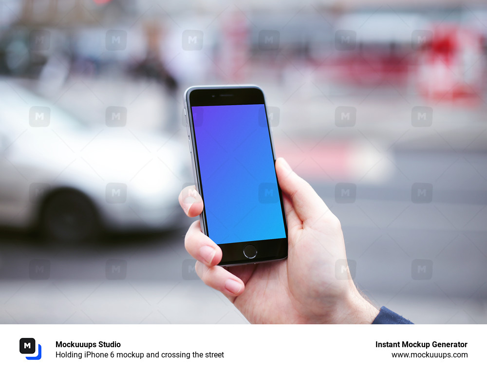 Holding iPhone 6 mockup and crossing the street