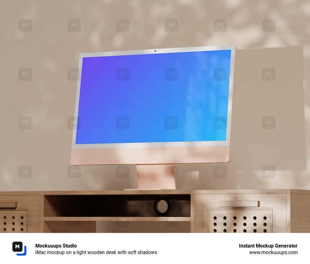 iMac mockup on a light wooden desk with soft shadows