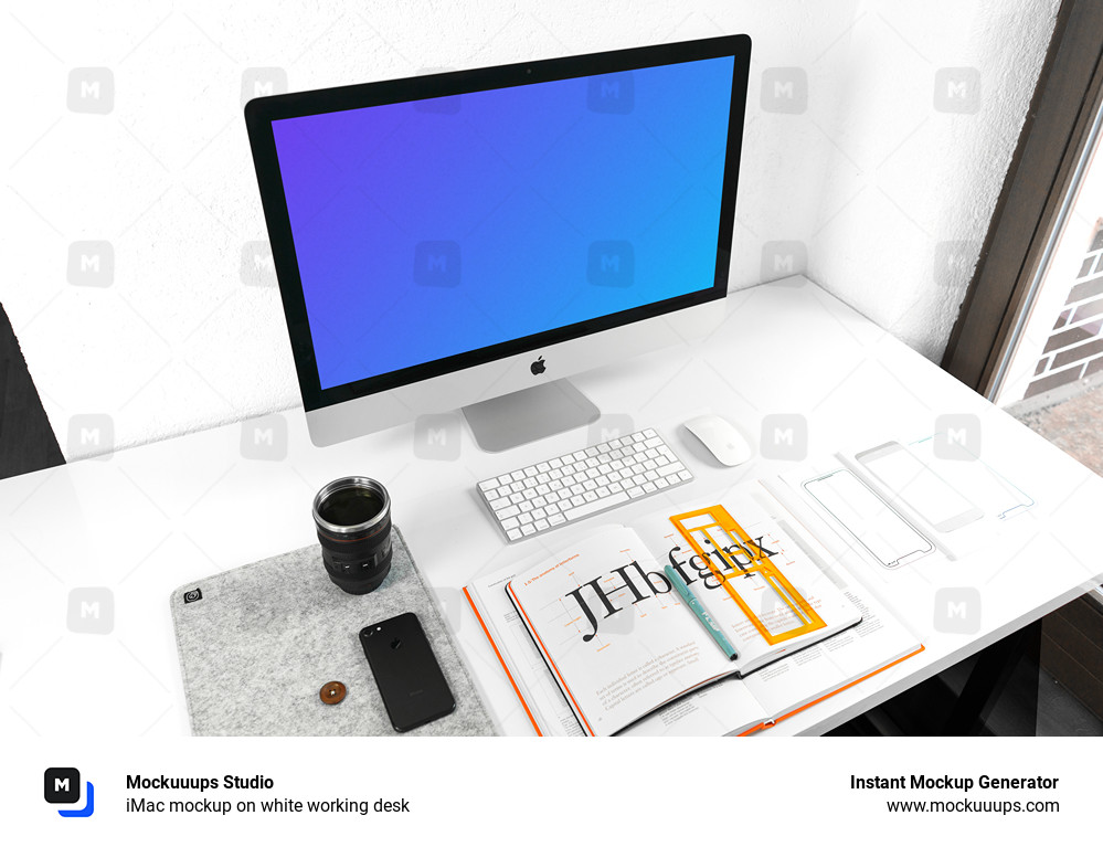 iMac mockup on white working desk