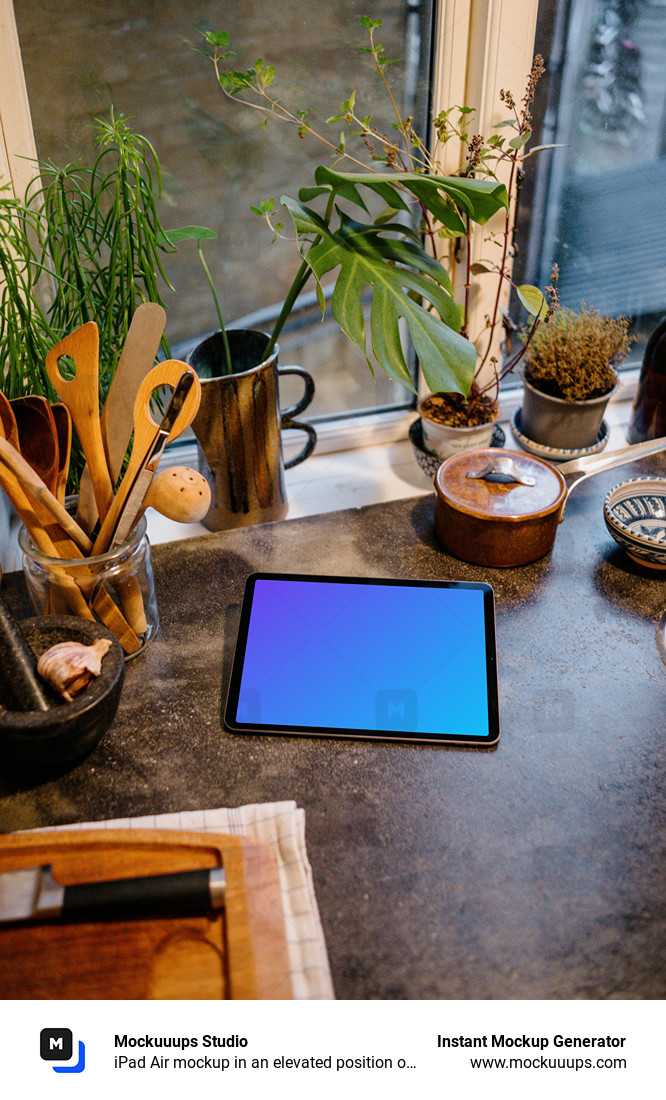 iPad Air mockup in an elevated position on a kitchen table