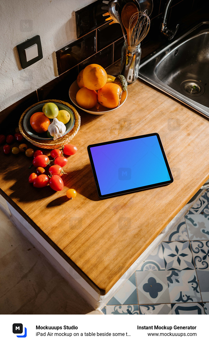 iPad Air mockup on a table beside some tomatoes