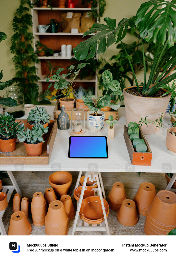 iPad Air mockup on a white table in an indoor garden