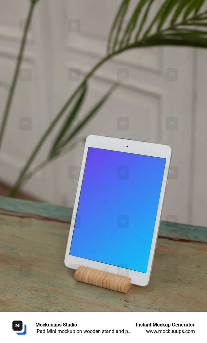iPad Mini mockup on wooden stand and placed on a table