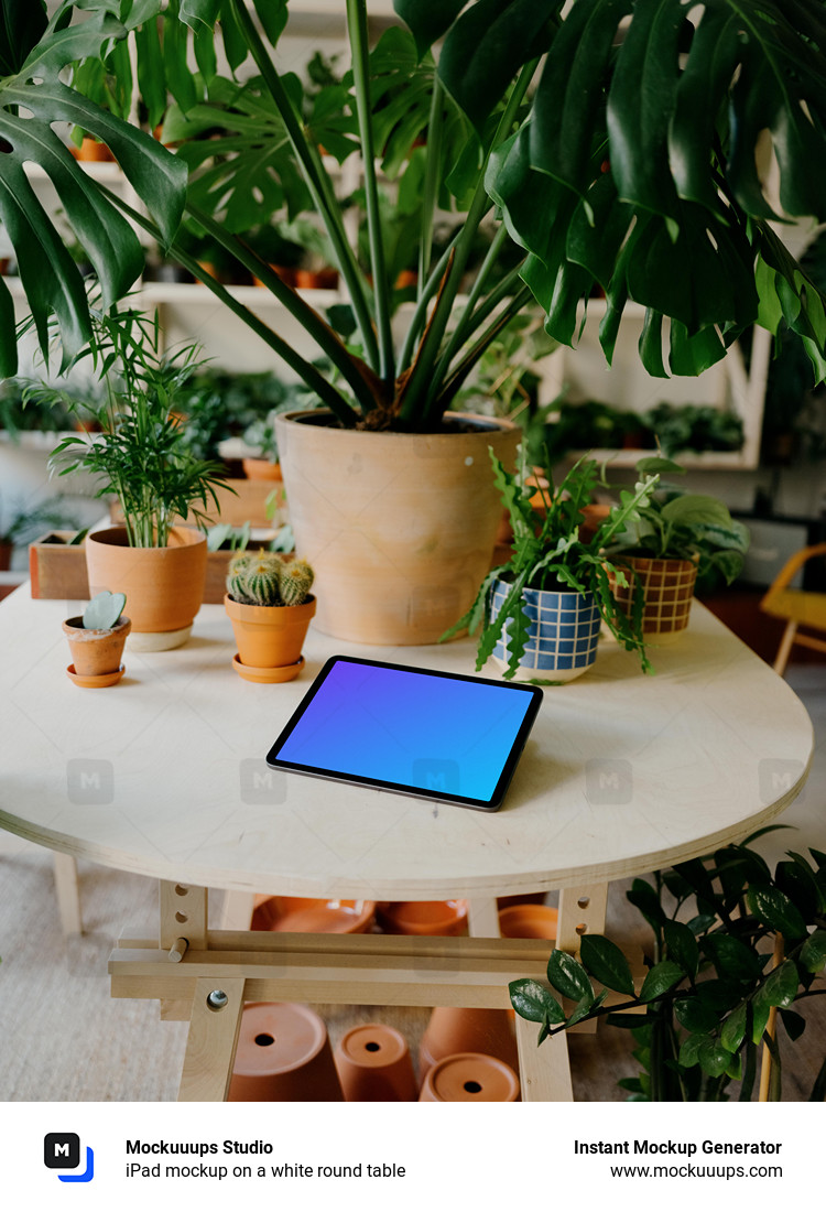 iPad mockup on a white round table