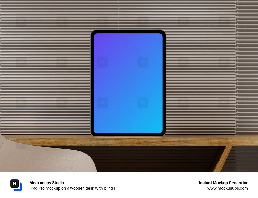 iPad Pro mockup on a wooden desk with blinds