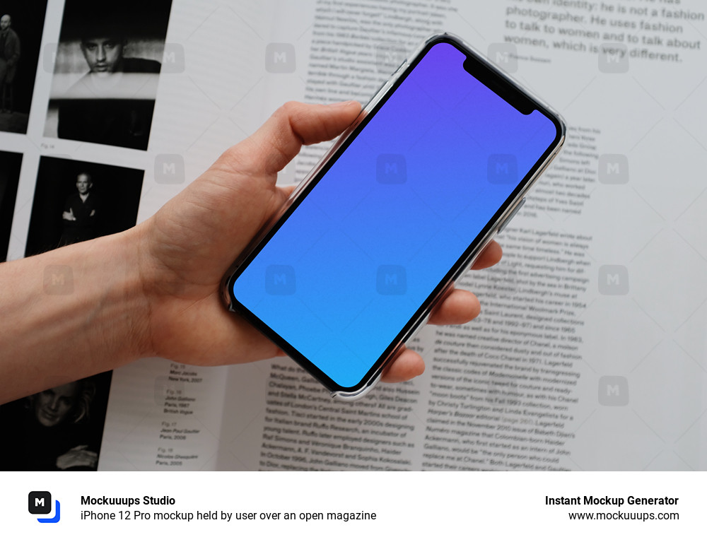 iPhone 12 Pro mockup held by user over an open magazine