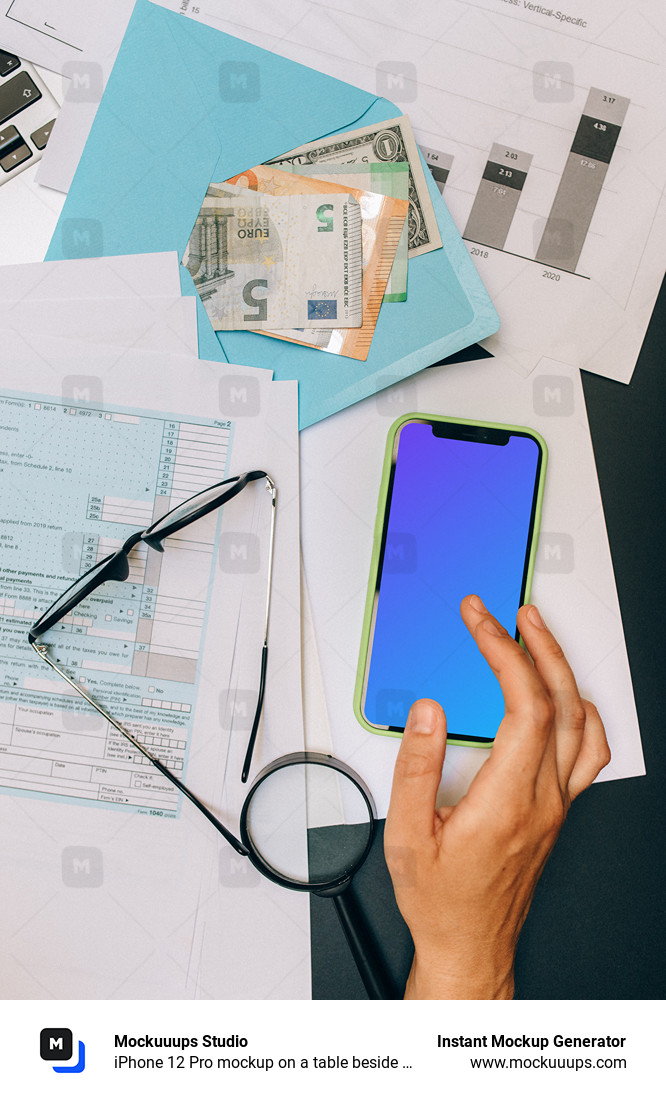 iPhone 12 Pro mockup on a table beside multiple currencies.