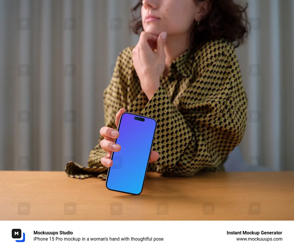 iPhone 15 Pro mockup in a woman's hand with thoughtful pose