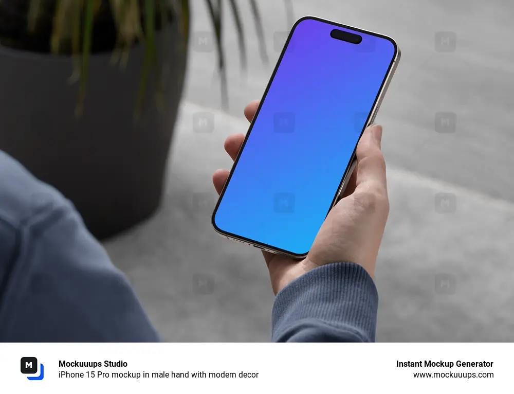 iPhone 15 Pro mockup in male hand with modern decor