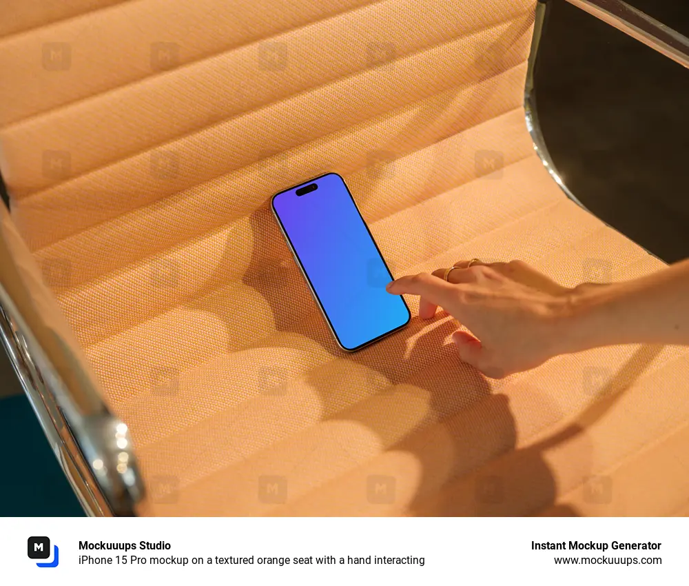 iPhone 15 Pro mockup on a textured orange seat with a hand interacting