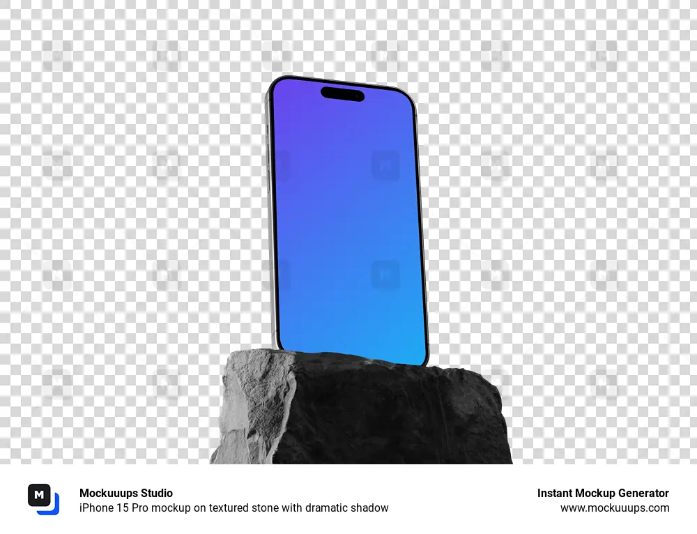 iPhone 15 Pro mockup on textured stone with dramatic shadow