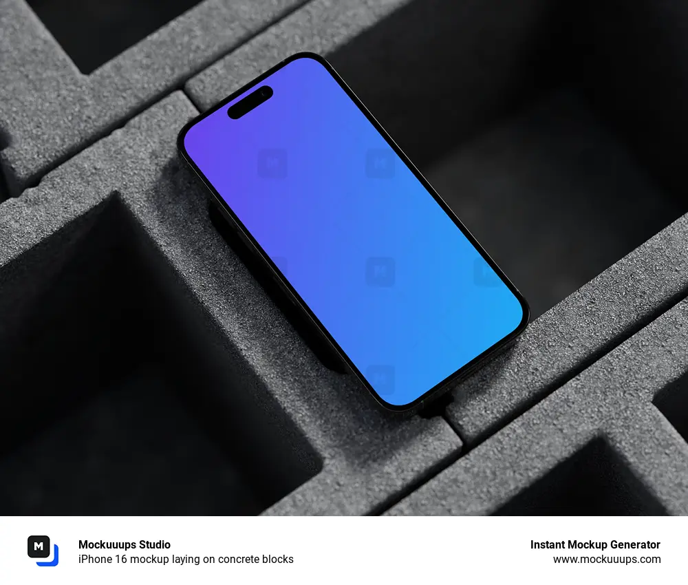 iPhone 16 mockup laying on concrete blocks