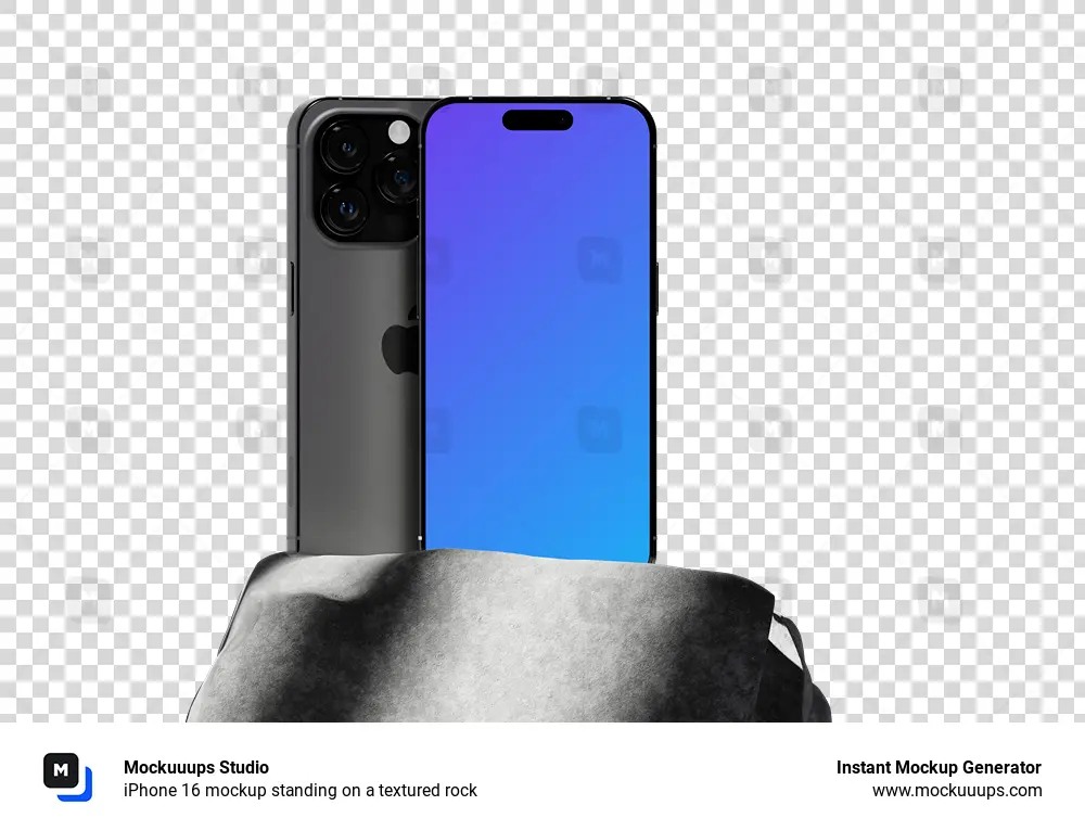 iPhone 16 mockup standing on a textured rock