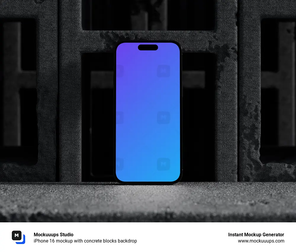 iPhone 16 mockup with concrete blocks backdrop