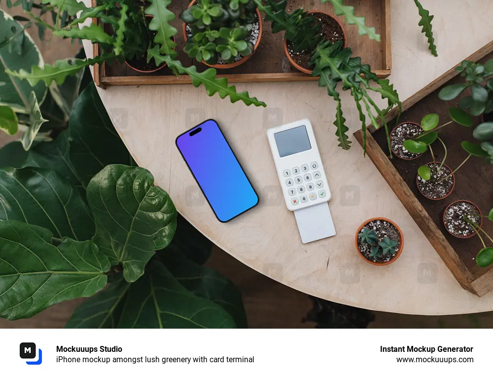 iPhone mockup amongst lush greenery with card terminal