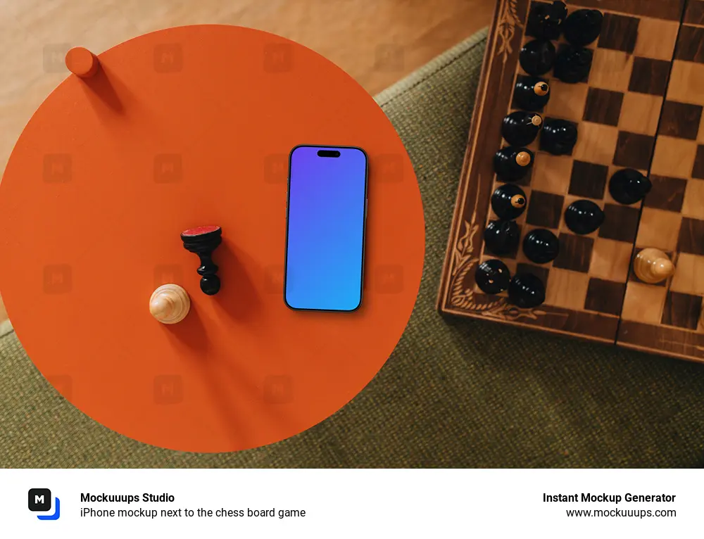 iPhone mockup next to the chess board game