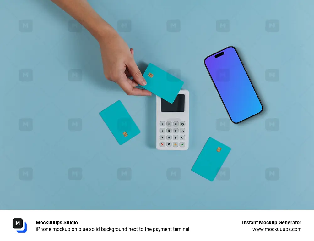 iPhone mockup on blue solid background next to the payment terninal